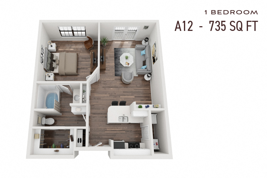 Floor plan for 1 bed, 1 bath, 735 sqft